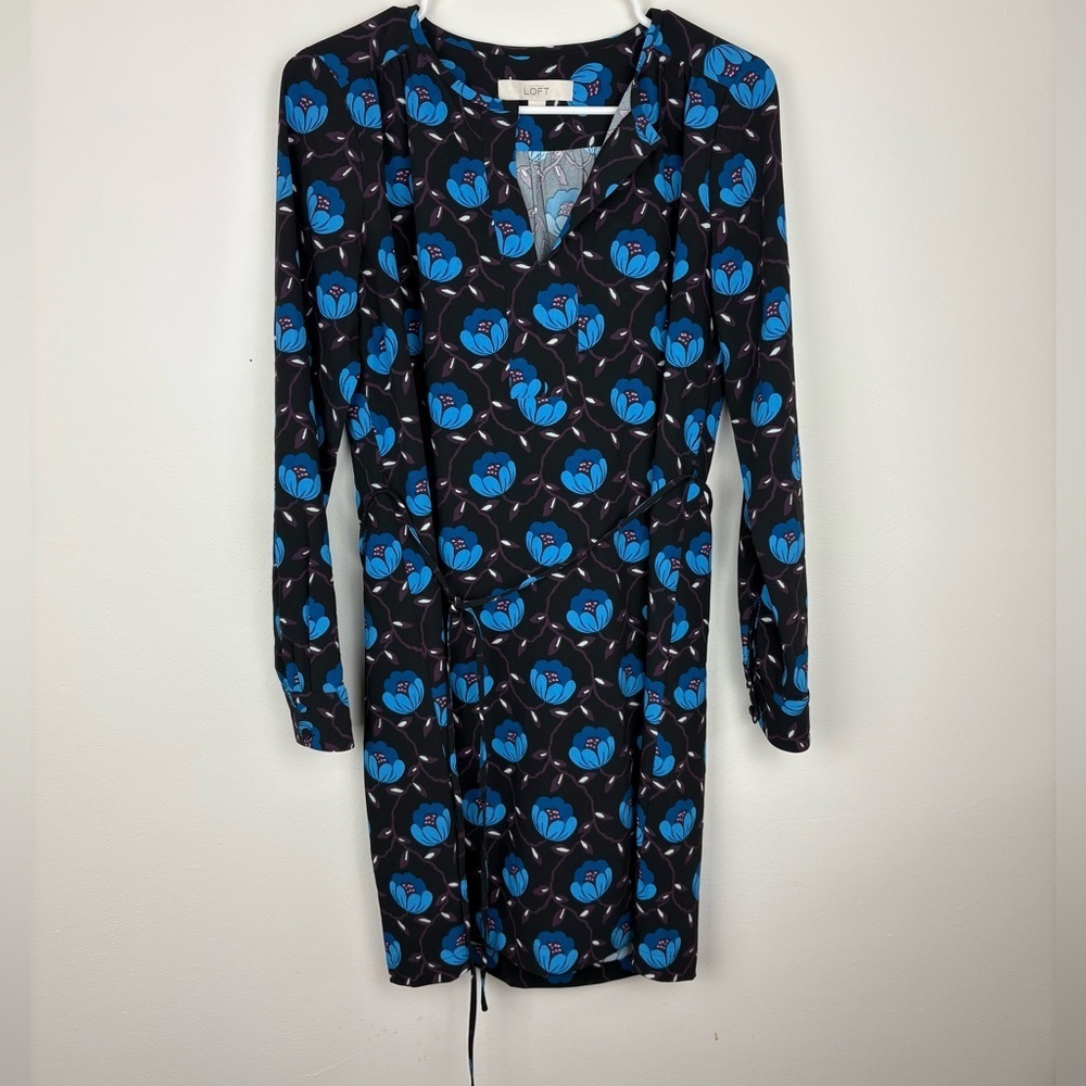 LOFT Black Dress w/ Blue Floral Print Long Sleeve office business casual sz S